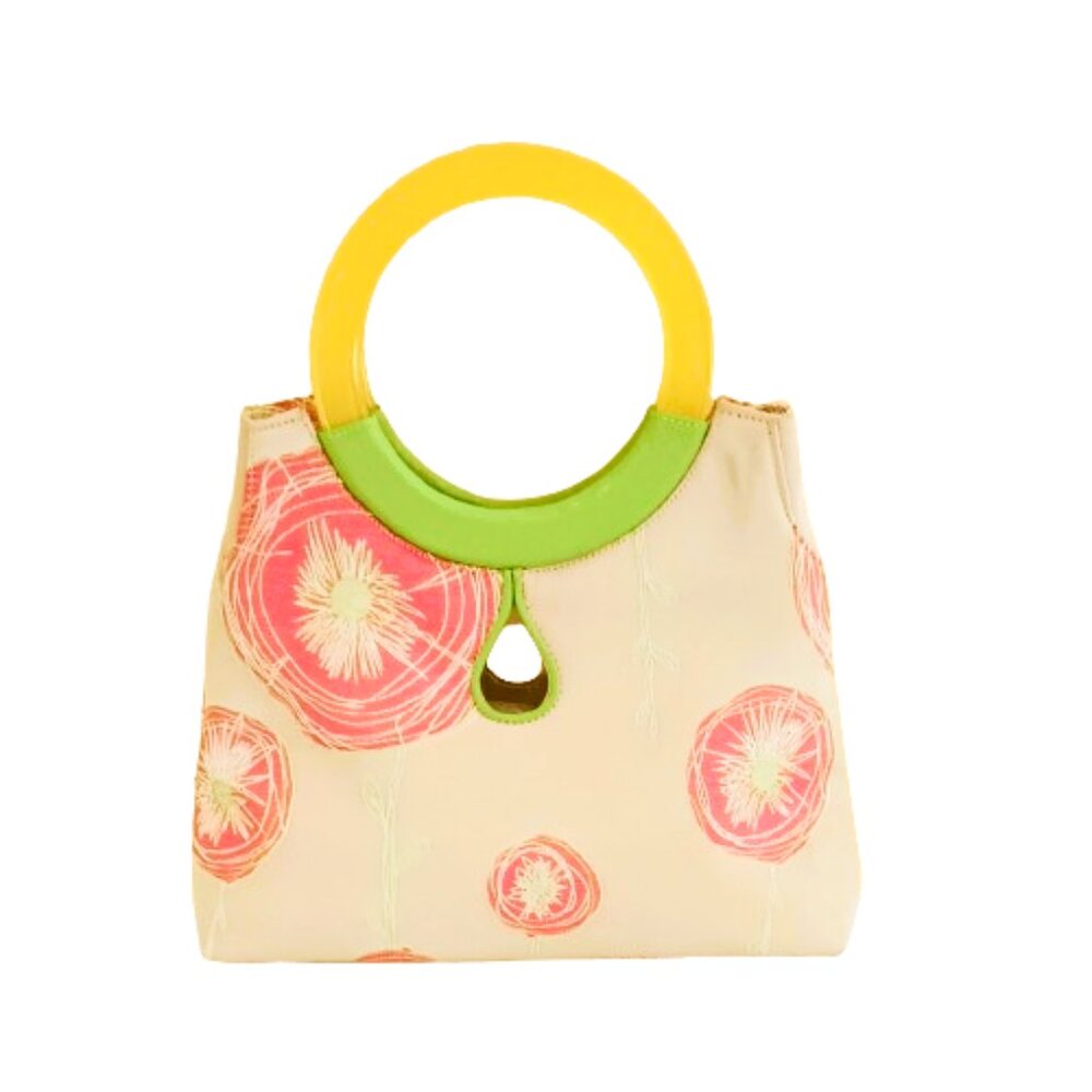 Preston & York Mod Floral Handbag. Women's Yellow Acrylic Handles Retro Satchel
